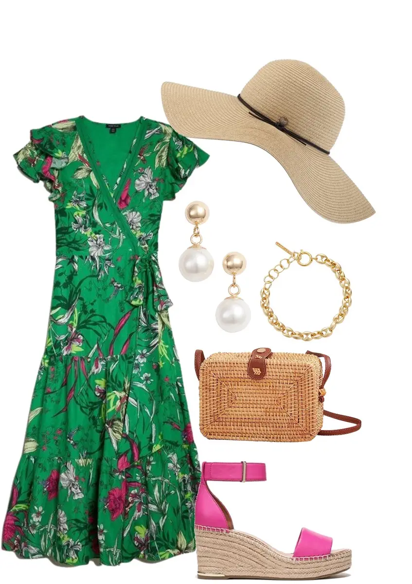 A green maxi dress with pink flowers, paired with pink wedge heels, gold bracelet, pearl earrings, and a wide brimmed hat.