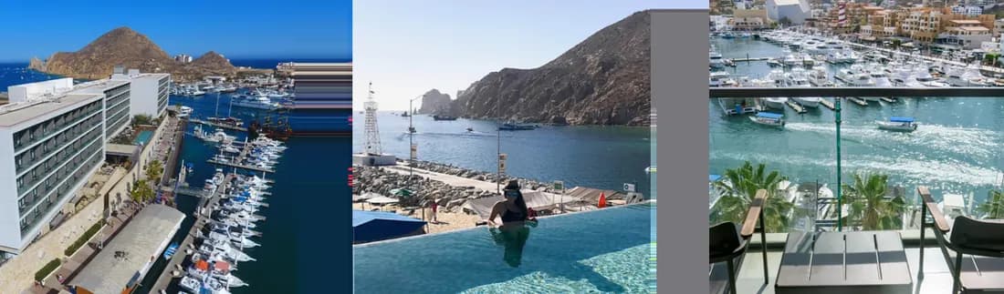 Left: Breathless hotel against the marina in Cabo, Mexico. Center: Woman on the edge of the infinity pool at Breathless in Cabo, Mexico. Right: View from balcony at Breathless with marina in the background.