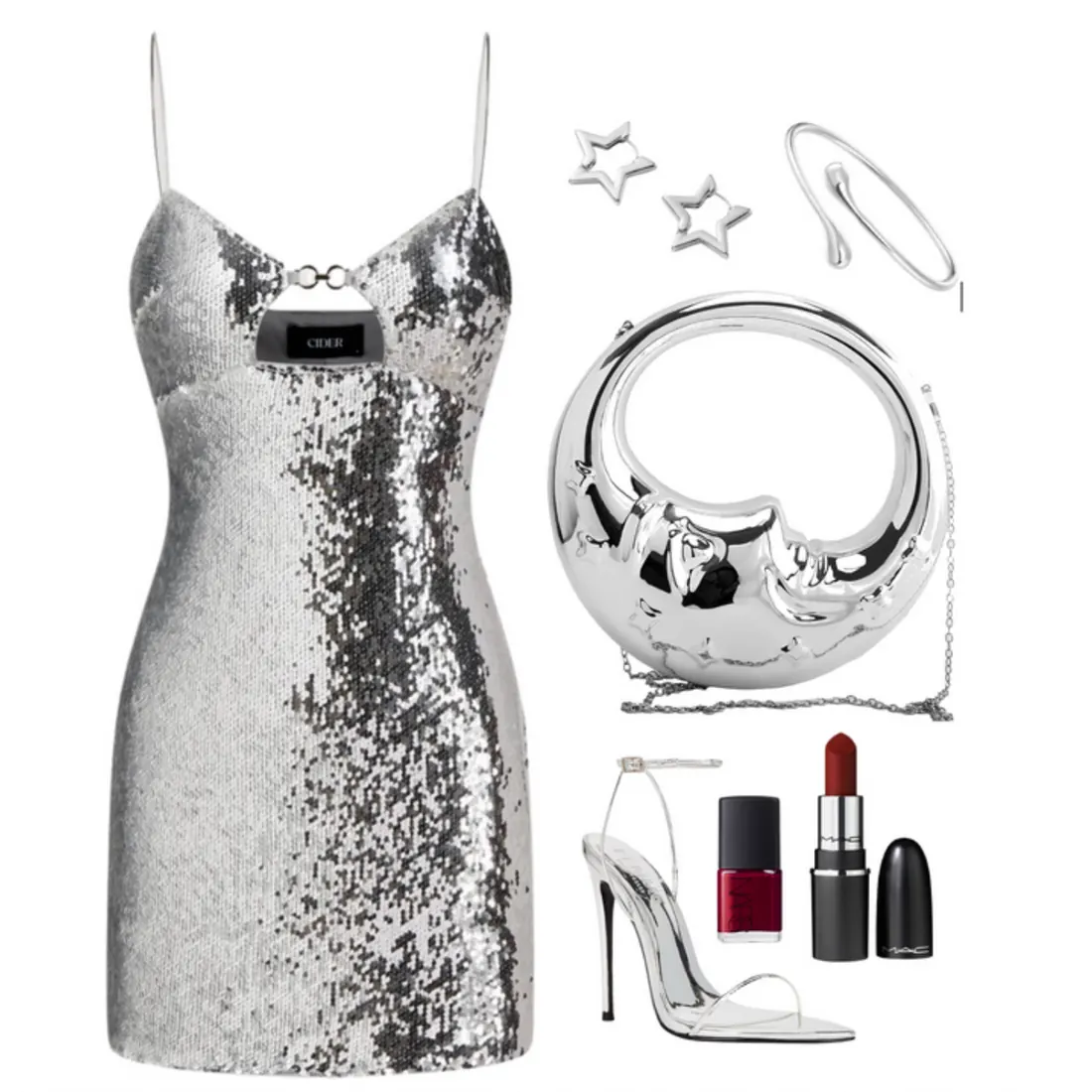 A silver sequin dress; a silver, moon-shaped purse; a strappy, white heel; a dark red lipstick and nail polish; silver, star-shaped earrings; and a silver, droplet-shaped bracelet.