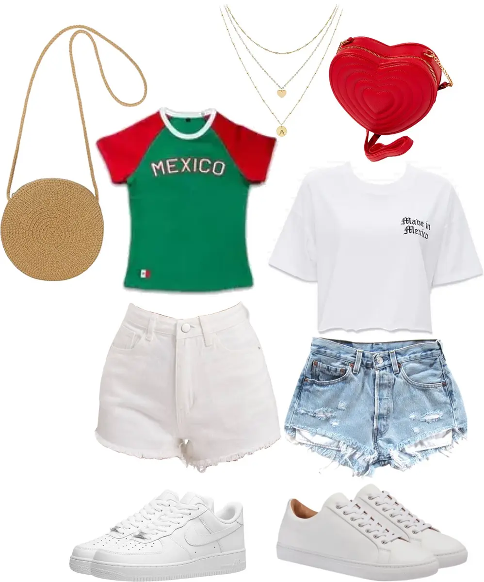 Red and green "Mexico" shirt, paired with white shots, white sneakers, and a brown crossbody bag. On the other side, A white tshirt that reads "Made in Mexico" paired with jean shorts, white sneakers, and a red heart shapped crossbody bag. Layered gold necklaces between both outfits.