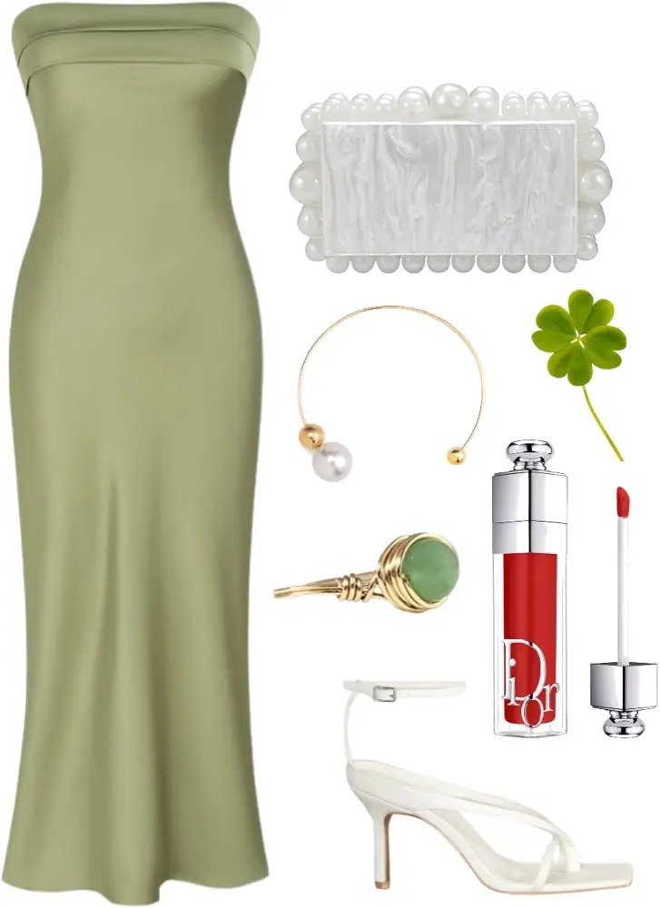 Long, green silk dress paired with strappy white heels, a pearlescent clutch, red gloss, and gold jewelry. ,