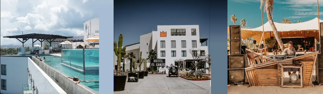 Left: Pool on the top floor of El Ganzo Hotel in San Jose del Cabo, Mexico. Center: Hotel El Ganzo entance. Right: DJ Booth at Crania, near Hotel El Ganzo.
