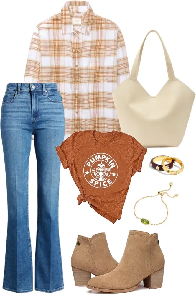 Flared jeans with orange shirt that reads "pumpkin spice", a light orange and white flannel, tan suede booties, gold jewelry, and a cream tote bag.