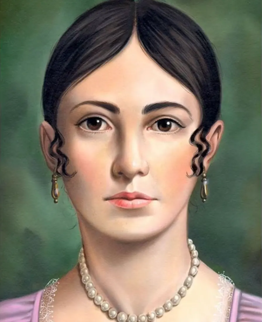 Oil painting of Leona Vicario in her youth, wearing a pearl necklace.