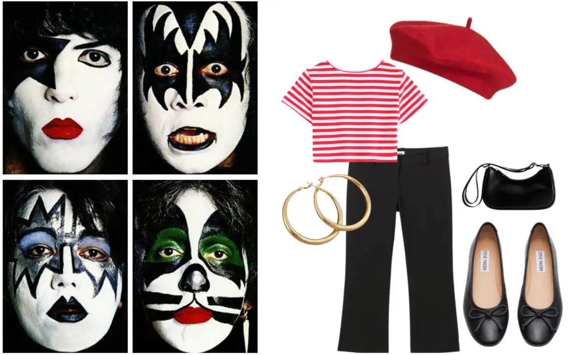 plack capris with a shirt sleeved red and white stripped shirt, a red beret, black ballerina flats, a black crossbody purse and examples of the Kiss rock band face make up.