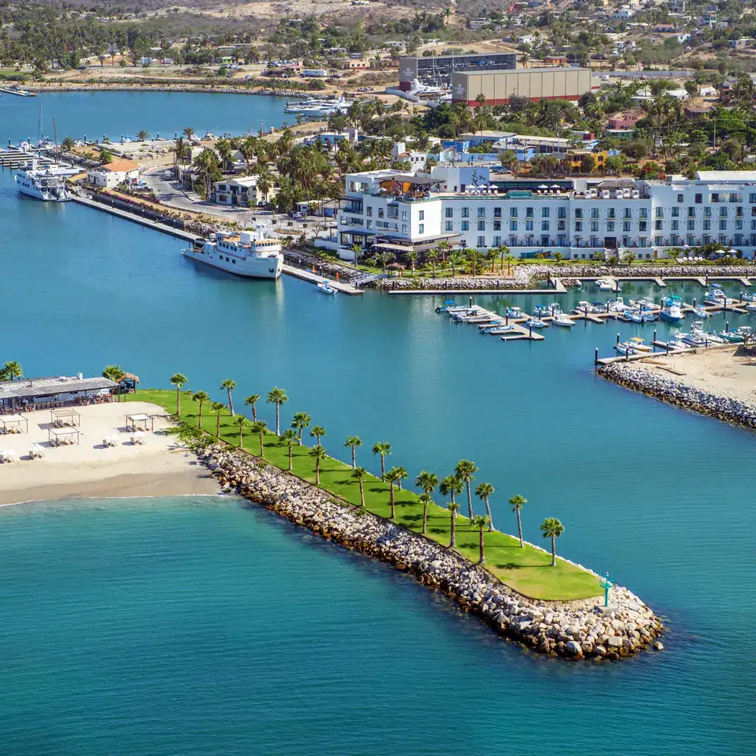 Hotel El Ganzo in San Jose del Cabo with their Beach Club and marina surrounding it.