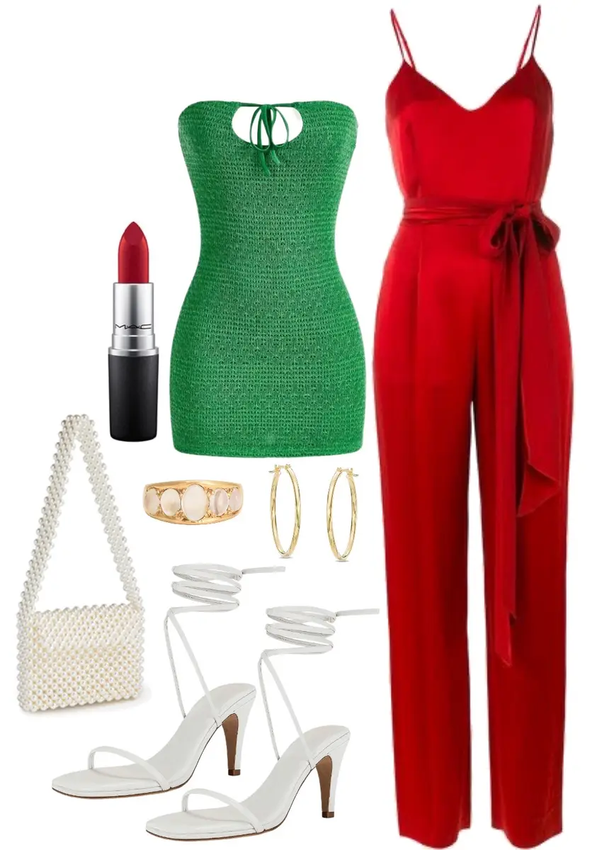 Green mini dress, red satin jumpsuit, white strappy heels, pearl beaded purse, red lipstick, gold earrings and bracelet.