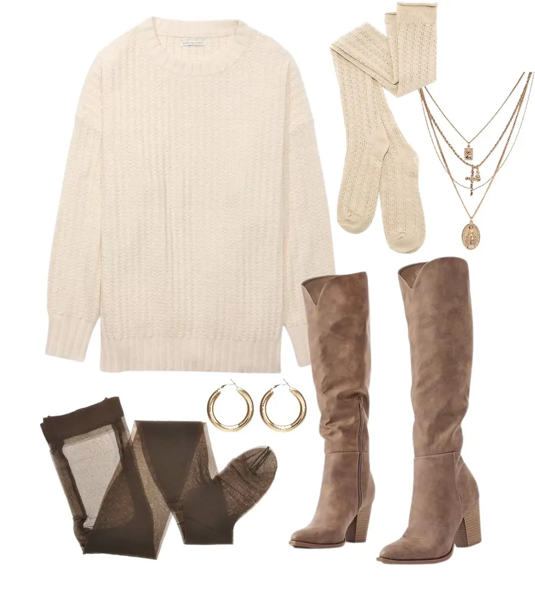 Cream sweater dress, brown tights, cream thigh-high socks, and tan knee-high boots, paired with gold jewelry.