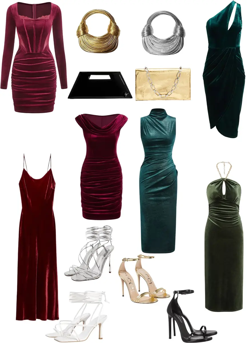 Burgundy velvet mini dress with long sleeves and corset like bodice, a gold purse, a black clutch, a silver purse, and a gold clutch, an off the shoulder emerald velvet midi dress, a burgundy velvet mini dress with a slight cowl neckline, a turtleneck midi dress with no sleeves in emerald green, burgundy velvet maxi dress with spagetti straps, silver heels, gold heels, white heels, and black heels, a strapless emerald velvet dress.