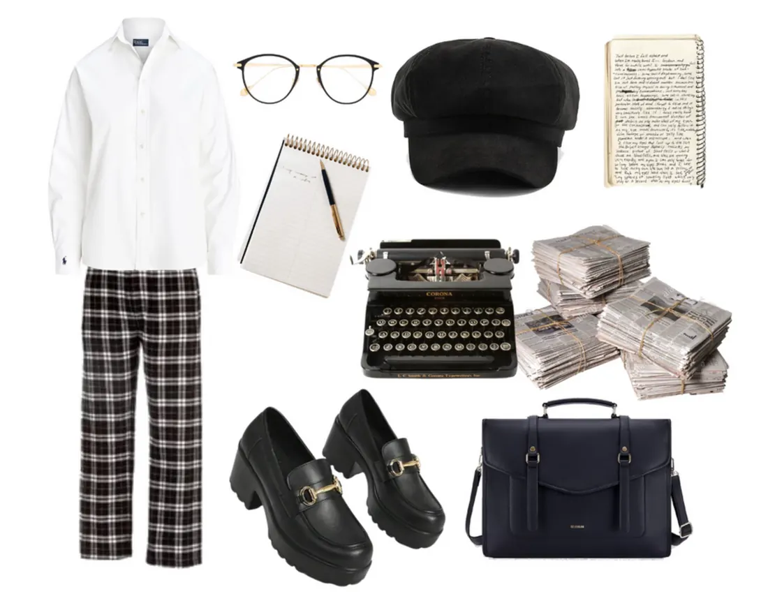 Black plaid pants, white button down shirt, black paper boy hat, black loafers with platform, black leather messenger bag, newspaper, notebook with pen, and glasses.