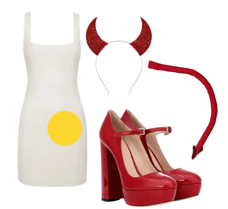 White mini dress with a yellow construction paper circle on it, red heels, costume devil horns and tail.