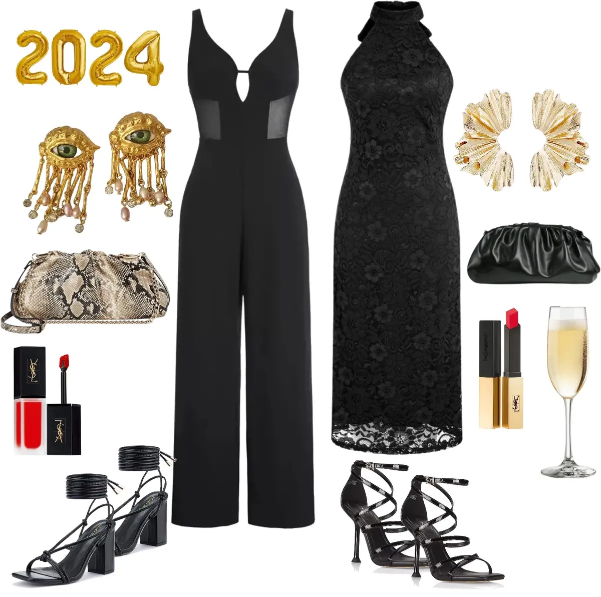 Gold foil balloons that read "2024" gold earrings with eyes on them, snake skin clutch, red lip gloss, black strappy heels paired with a black jumpsuit, black lace dress with strappy heels, a black clutch, ruffeled gold earrings, red lipstick, and a glass of champagne.