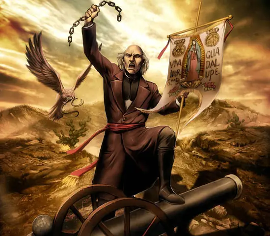 Painting of Miguel Hidalgo holding up the banner with the Virgin of Guadalupe, a broken chain, while stepping on a canon, an eagle eating a snake in the background.