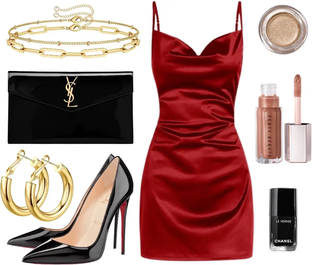 Red satin mini dress with spaghetti straps, black pumps, black clutch, set of gold bracelets, gold makeup, Fenty lip gloss, and black nail polish.